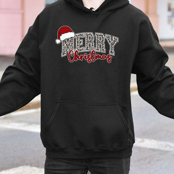 Festive Santa Hat Holiday Sweatshirt, Merry Christmas Leopard Print Hoodie, Adorable Xmas Winter Hooded Pullover, Christmas S