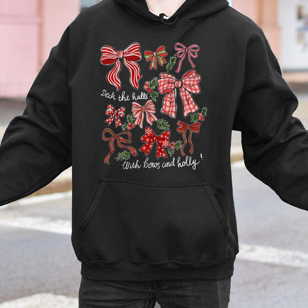 Festive Bow Graphic Sweatshirt, Deck the Halls Christmas Bows Hoodie, Coquette Holiday Hooded Pullover, Adorable Christmas Ap
