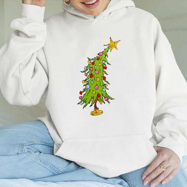 Humorous Whimsical Holiday Hoodie, Crooked Christmas Tree Hoodie, Adorable Xmas Tree Graphic Pullover, Winter Holiday Hoodie,