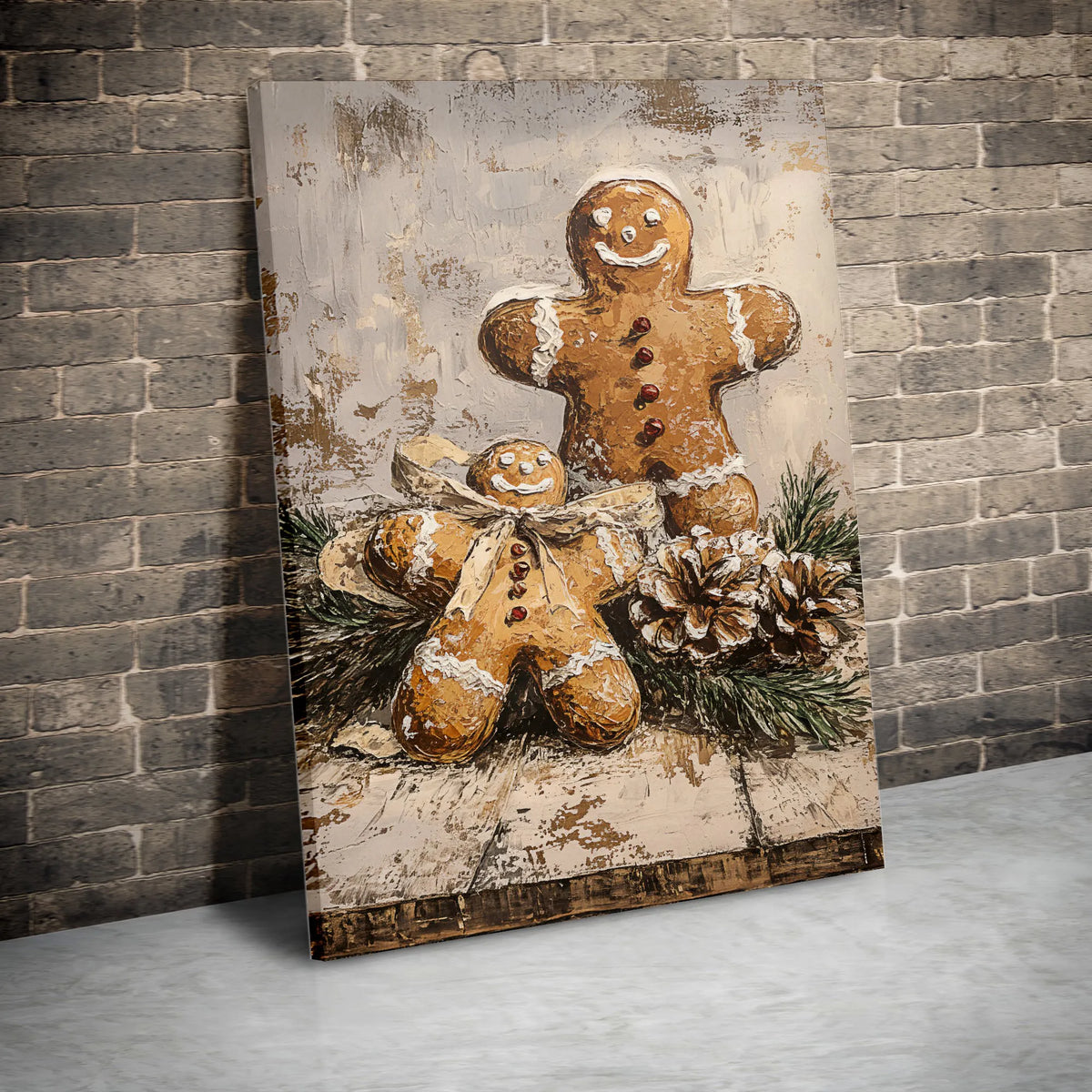 Rustic Christmas Kitchen Canvas Print, Gingerbread Men Canvas Wall Art, Impasto Holiday Wall Art, Festive Winter Baker Canvas