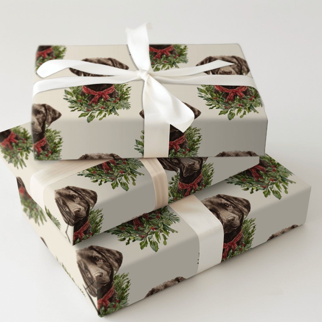 Dog Wreath Holiday Gift Wrap, Chocolate Lab Christmas Wrapping Paper, Labrador Retriever Christmas Wrapping Paper, Pet Lover 