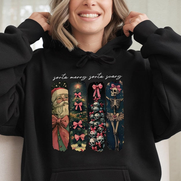 Gothic Skeleton Santa Hoodie, Sorta Merry Sorta Scary Christmas Hoodie, Creepy Xmas Graphic Hoodie, Spooky Holiday Pullover, 