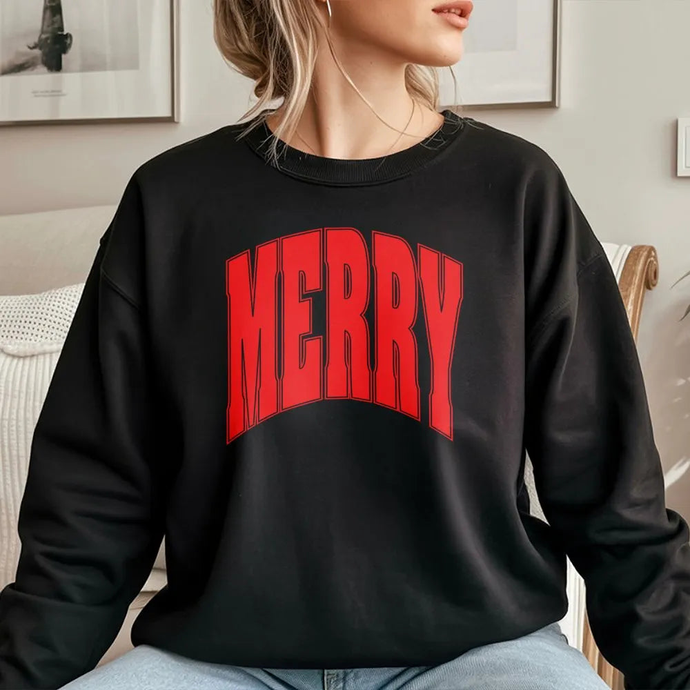 Varsity Holiday Sweatshirt, Merry Christmas Sweatshirt, Retro Arch Lettering Crewneck, Comfy Winter Pullover, Festive Xmas Pr