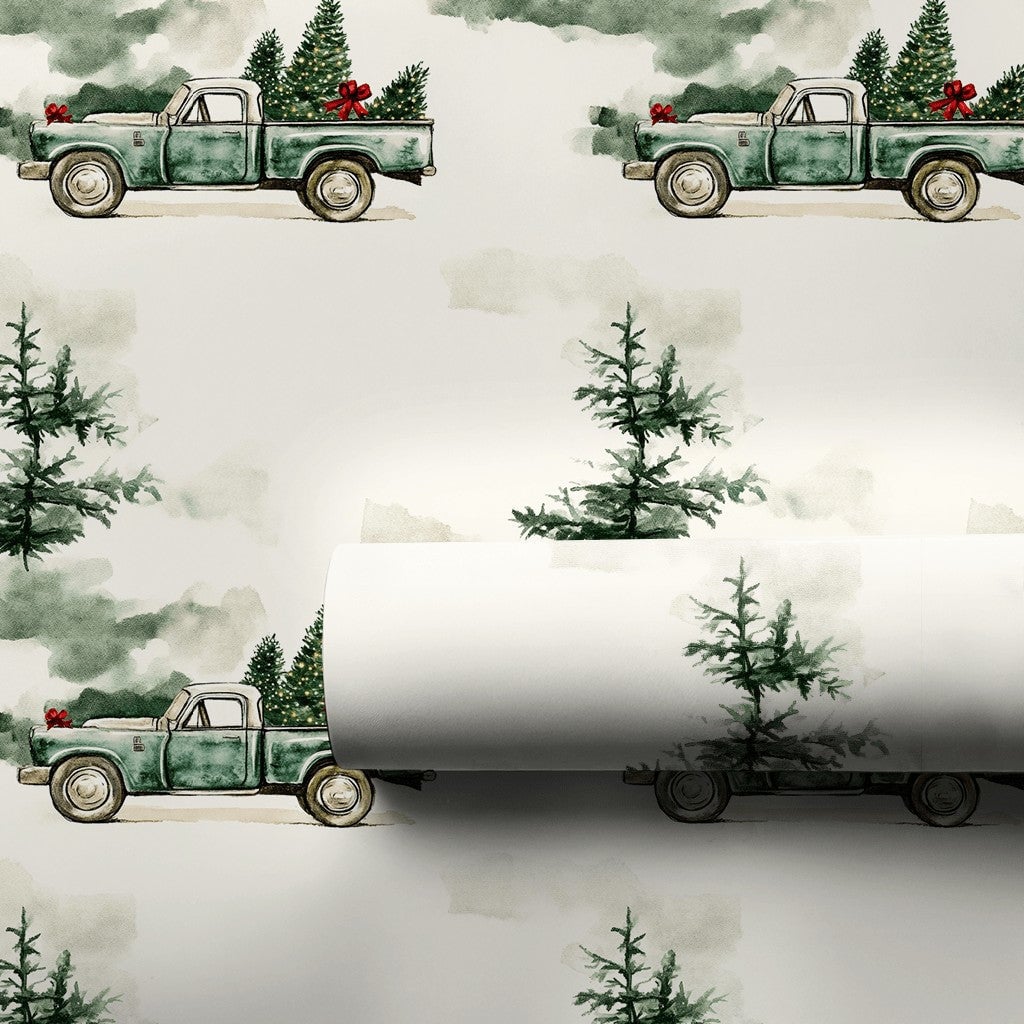 Farmhouse Tree Gift Wrap, Vintage Green Truck Christmas Wrapping Paper, Rustic Pine Holiday Wrapping Paper, Winter Present Gi