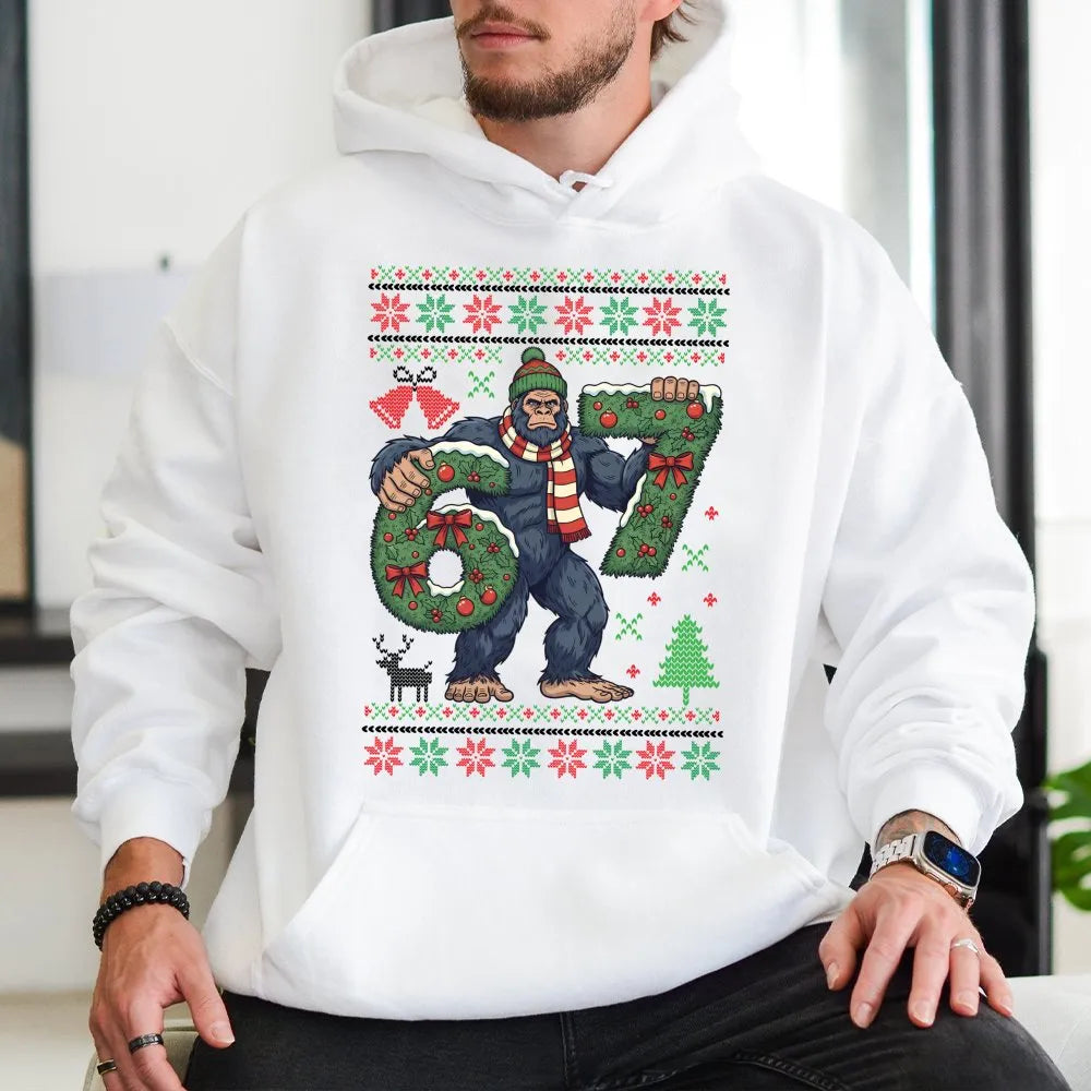 Sasquatch Ugly Xmas Hoodie, Humorous Bigfoot Christmas Hoodie, Retro Sasquatch Holiday Sweatshirt, Winter Christmas Hoodie, B