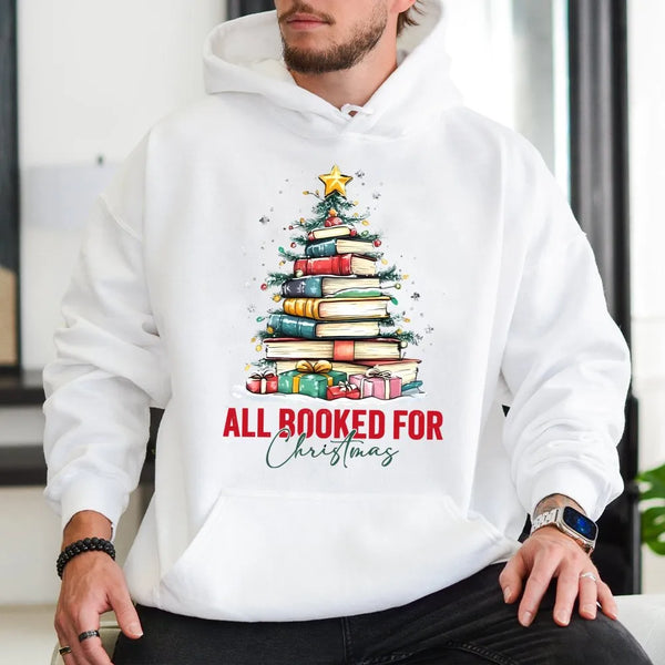 Festive Book Tree Graphic Sweatshirt, All Booked for Christmas Hoodie, Adorable Bookish Holiday Pullover, Librarian Christmas