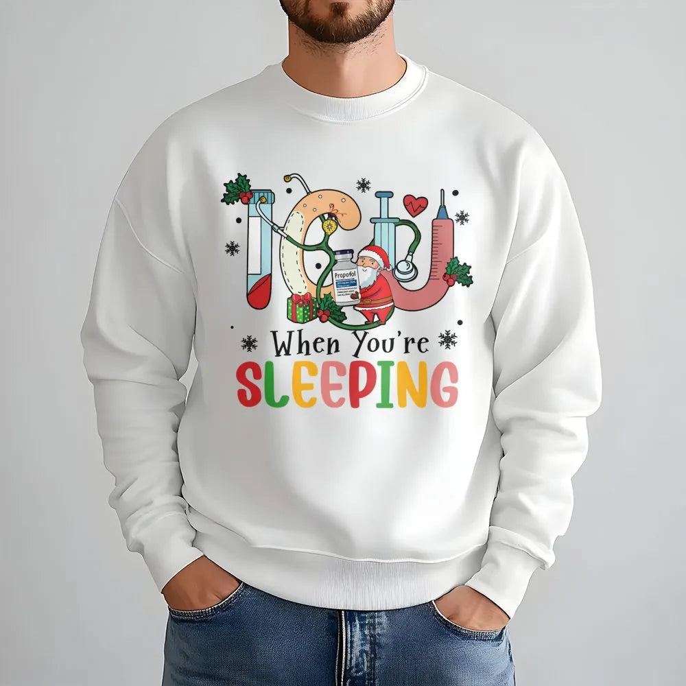 Humorous Santa Medical Holiday Sweater, ICU Nurse Christmas Sweatshirt, Intensive Care RN Crewneck, Healthcare Worker Xmas Pu