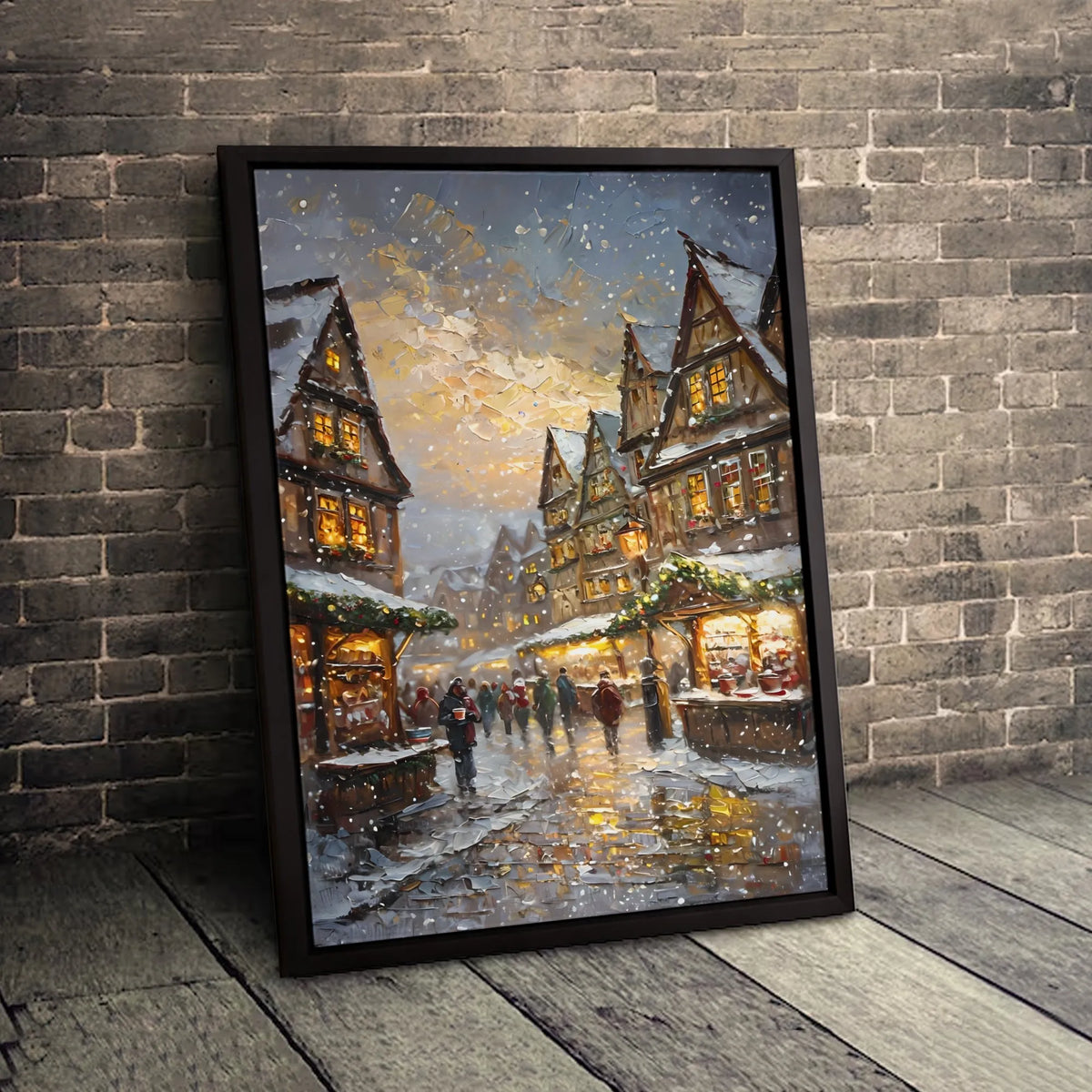European Village Canvas Art, Snowy Christmas Market Wall Art, Winter Street Scene Digital Download, Festive Holiday Printable