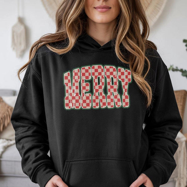 Retro Checkered Holiday Hoodie, Merry Christmas Hoodie, Red Text Winter Christmas Hoodie, Comfy Graphic Hooded Sweatshirt, Xm
