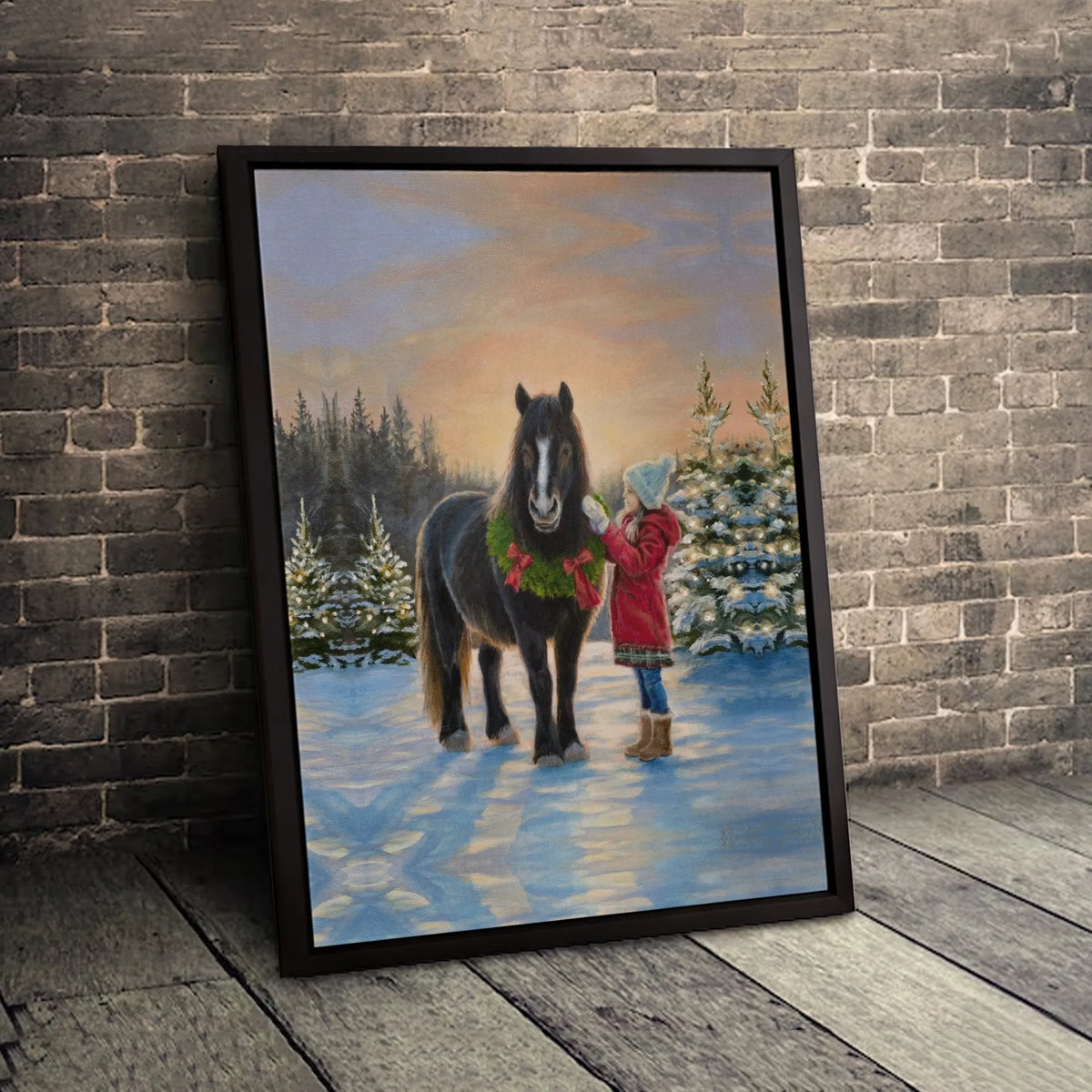 Girl and Pony Winter Snow Scene Painting Print, Christmas Horse Canvas Wall Art, Holiday Farmhouse Poster, Equestrian Digital