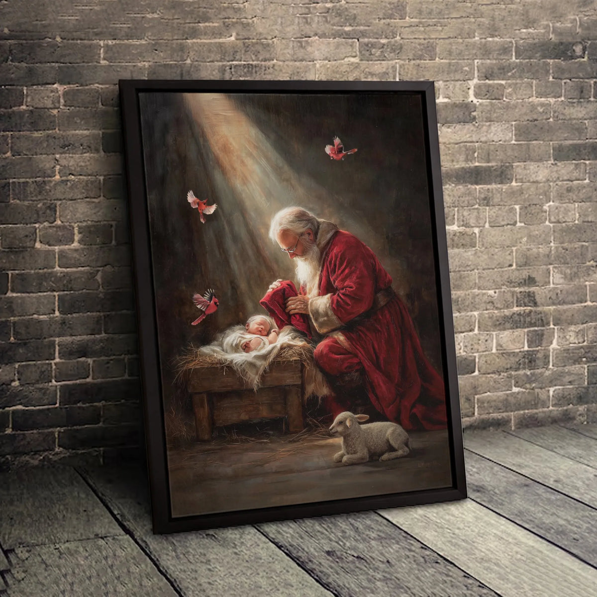 Religious Christmas Nativity Canvas Wall Art, Santa Kneeling at Manger Canvas Print, Holy Night Faith Canvas, Christian Holid