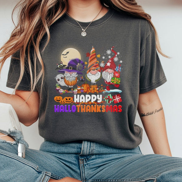 Adorable Halloween Thanksgiving Christmas Holiday Tee, Hallothanksmas Gnome T-Shirt, Festive Fall Winter Gnome Graphic Shirt,