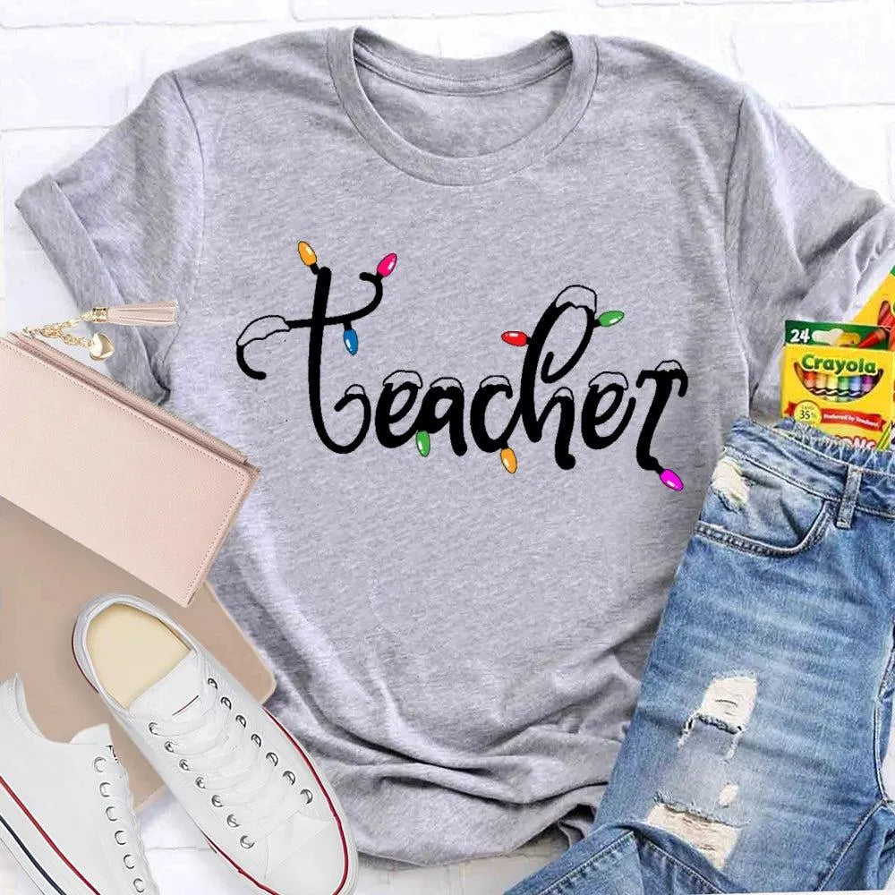 Adorable Holiday Educator Graphic Tee, Christmas Lights Snow Teacher T-Shirt, Festive Winter Teacher Shirt, Merry Christmas P