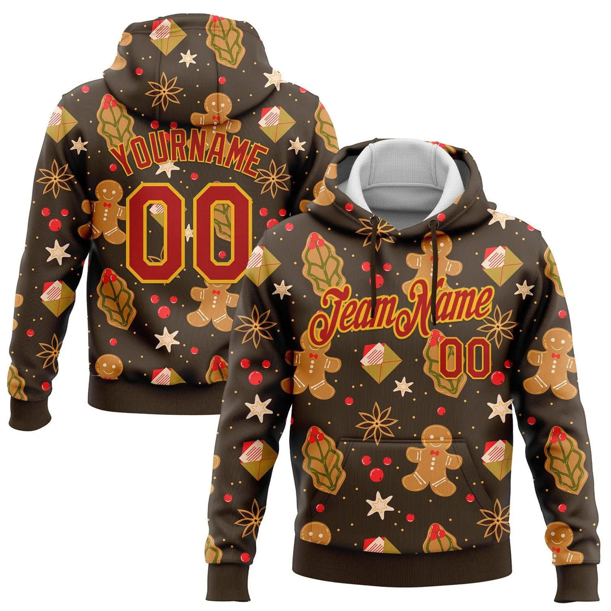 Holiday 3D Pattern Sports Hoodie, Custom Christmas Gingerbread Hoodie, Personalized Name Number Pullover Hoodie, Festive Xmas