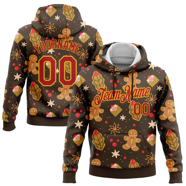 Holiday 3D Pattern Sports Hoodie, Custom Christmas Gingerbread Hoodie, Personalized Name Number Pullover Hoodie, Festive Xmas