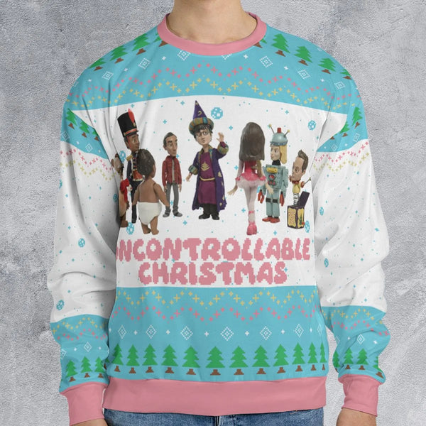 Retro Pattern Holiday Sweatshirt, Uncontrollable Ugly Christmas Sweater, Festive Xmas Crewneck Pullover, Winter Holiday Party