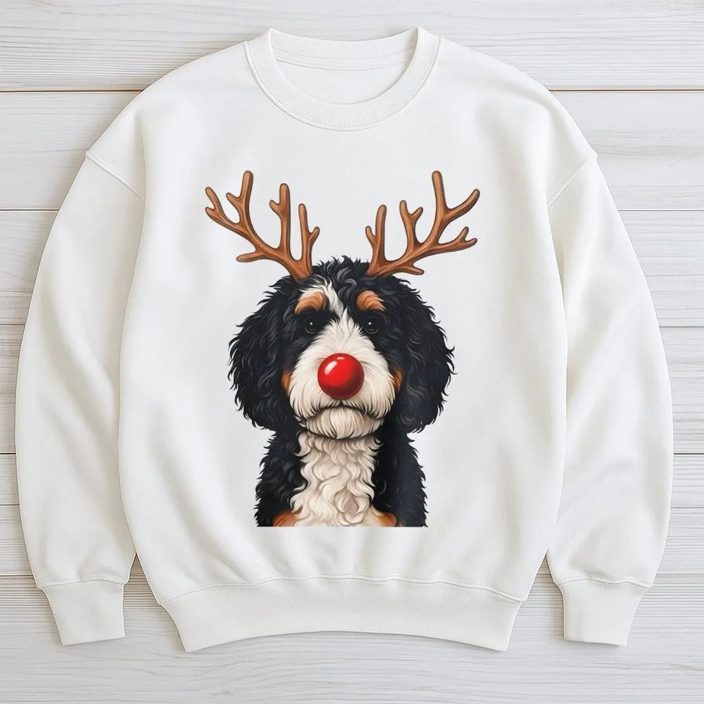 Humorous Reindeer Dog Sweatshirt, Bernadoodle Christmas Sweatshirt, Holiday Bernedoodle Crewneck, Comfy Dog Lover Xmas Graphi