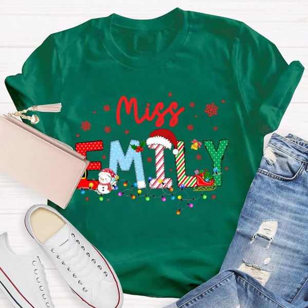 Custom Snowflake Holiday T-Shirt, Personalized Christmas Lights Teacher Shirt, Festive Classroom Graphic Tee, Teacher Xmas Pr