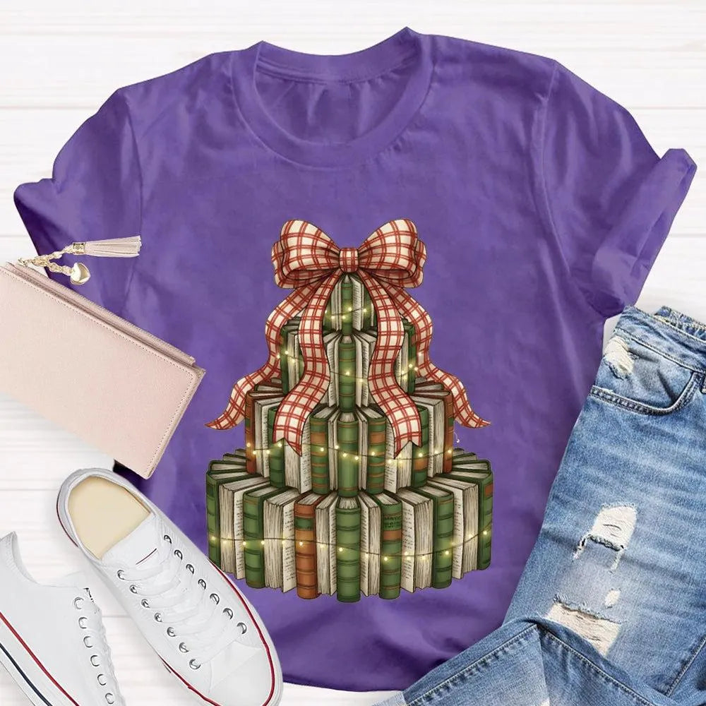 Bookworm Holiday Graphic Tee, Books Bows Lights Christmas Tree Shirt, Comfy Bookish Christmas T-Shirt, Reader Teacher Xmas Pr