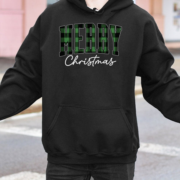 Green Plaid Buffalo Check Sweatshirt, Merry Christmas Hoodie, Rustic Winter Tree Holiday Pullover, Comfy Xmas Apparel Present