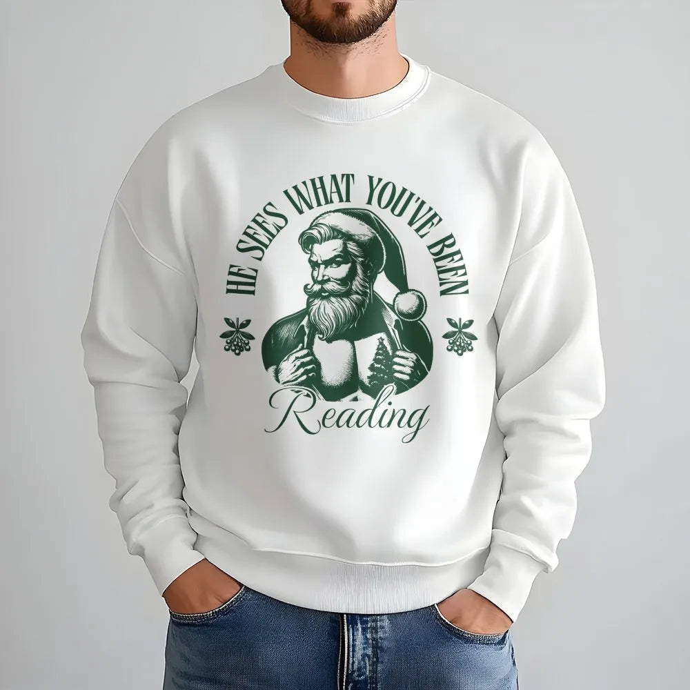 Santa Book Lover Sweatshirt, He Sees What You've Been Reading Sweatshirt, Bookish Christmas Crewneck, Librarian Sweatshirt, R