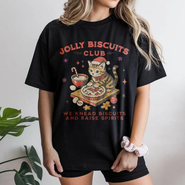 Vintage Cat Baker Graphic Tee, Jolly Biscuits Club Christmas Cat Baking T-Shirt, Adorable Holiday Cat Shirt, Baker Xmas T-Shi