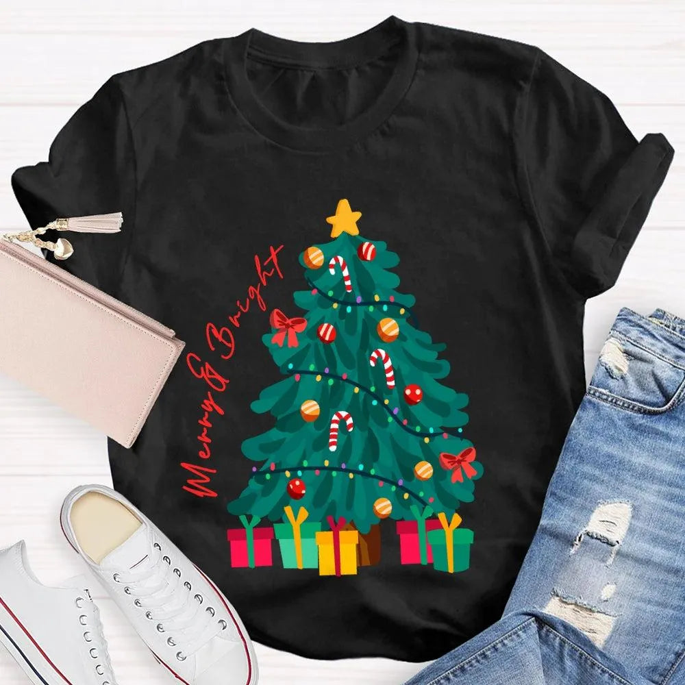 Retro Festive Holiday Graphic Tee, Merry and Bright Christmas Tree T-Shirt, Adorable Xmas Tree Shirt, Winter Holiday Present