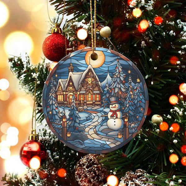 Comfy Cabin Winter Ceramic Ornament, Stained Glass Snowman Christmas Ornament, Festive Holiday Tree Ornament, Keepsake Decor,