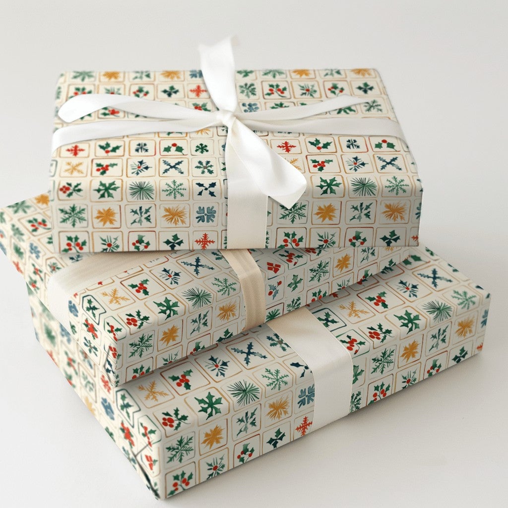 Snowflake and Holly Gift Wrap, Folk Art Christmas Wrapping Paper, Rustic Holiday Wrapping Paper, Traditional Winter Present G