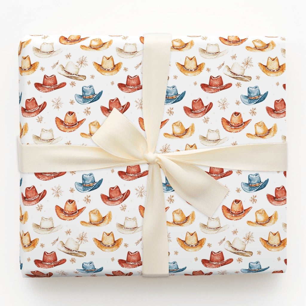 Western Holiday Gift Wrap, Watercolor Cowboy Hat Wrapping Paper, Rustic Country Christmas Present Wrap, Snowflake Festive Pre
