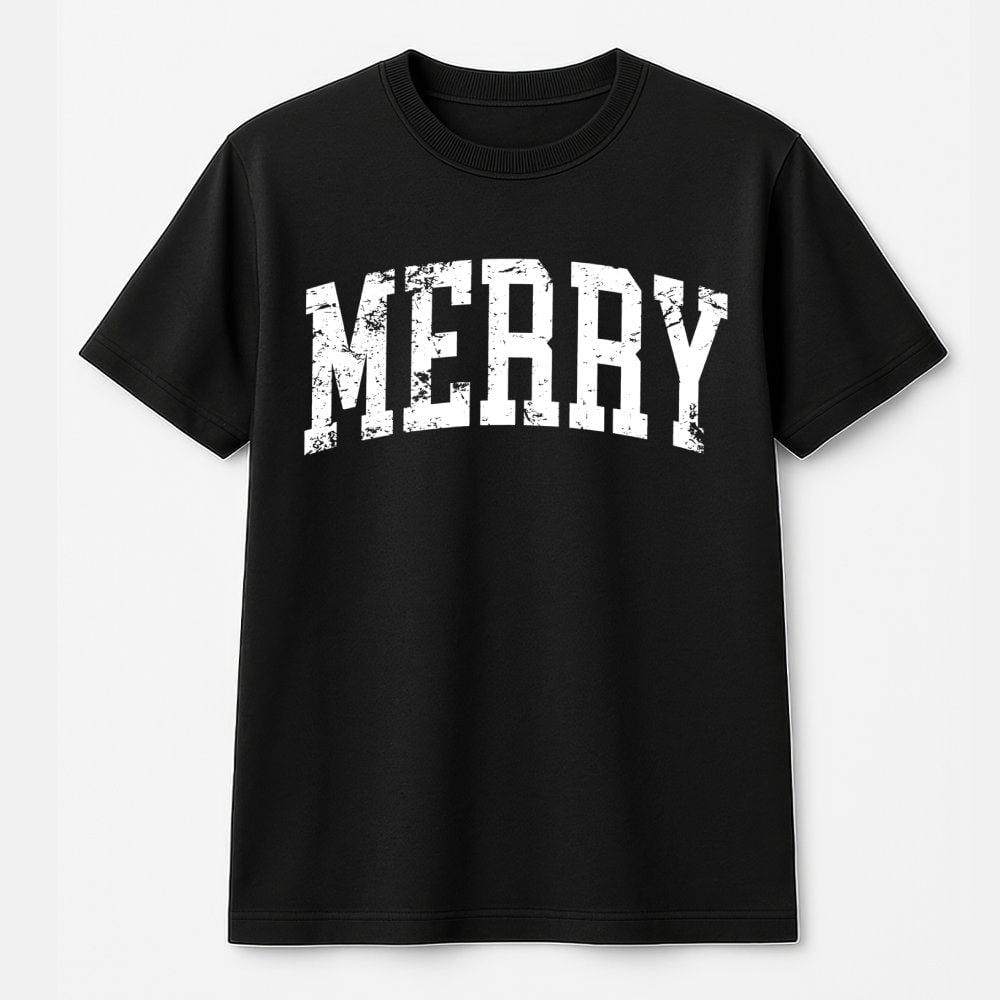 Distressed Varsity Lettering Holiday Graphic Tee, Merry Christmas T-Shirt, Retro Winter Christmas Shirt, Xmas Family Present