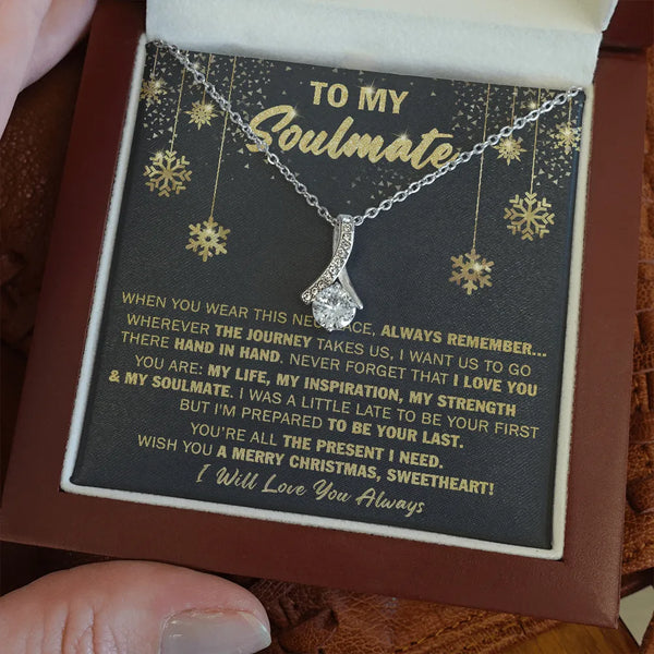Christmas Message Card Necklace, Soulmate Ribbon Pendant Necklace, 14k White Gold Sparkle Necklace, Romantic Holiday Jewelry,