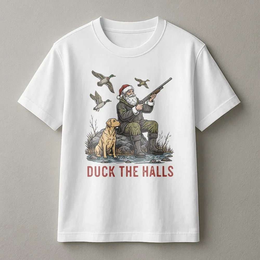 Humorous Duck Hunting Santa Shirt, Duck the Halls Christmas T-Shirt, Hunter Xmas Graphic Tee, Holiday Outdoorsman T-Shirt, Xm