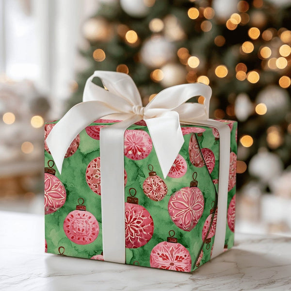 Pink Red Christmas Wrapping Paper, Watercolor Ornament Wrapping Paper, Vintage Bauble Holiday Gift Wrap, Festive Green Paper,