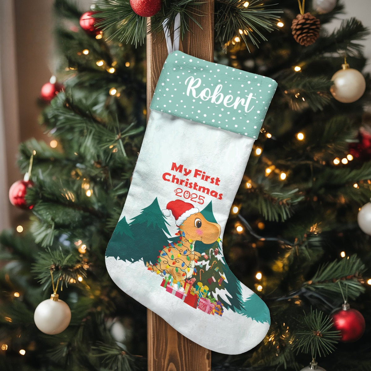 First Christmas 2025 Baby Stocking, Dinosaur Christmas Stocking, Personalized Holiday Stocking, Custom Name Stocking, Xmas Ke
