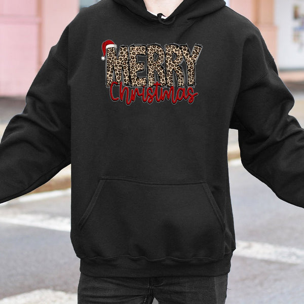 Retro Festive Holiday Sweatshirt, Merry Christmas Leopard Santa Hat Hoodie, Adorable Winter Xmas Pullover, Family Christmas H