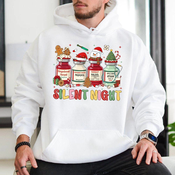 Medication Vials Christmas Hoodie, Silent Night Nurse Hoodie, Humorous Medical ICU RN Holiday Hoodie, Winter Healthcare Graph