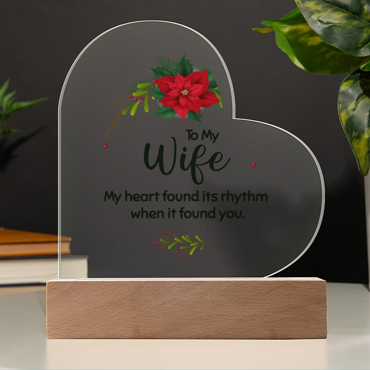 Poinsettia LED Night Light Plaque, To My Wife Christmas Heart Acrylic Plaque, Romantic Wife Acrylic Heart Plaque, Holiday Pre