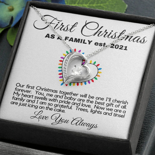 Forever Love Heart Necklace, First Christmas as a Family Necklace, 14K White Gold Cubic Zirconia Pendant, New Mom Wife Holida