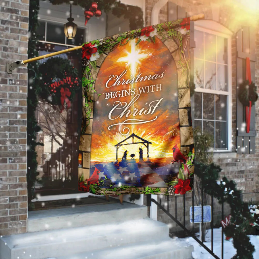 Holy Family Nativity Scene Yard Flag, Christmas Begins with Christ Garden Flag, Double-Sided Christian Christmas Lawn Flag, X