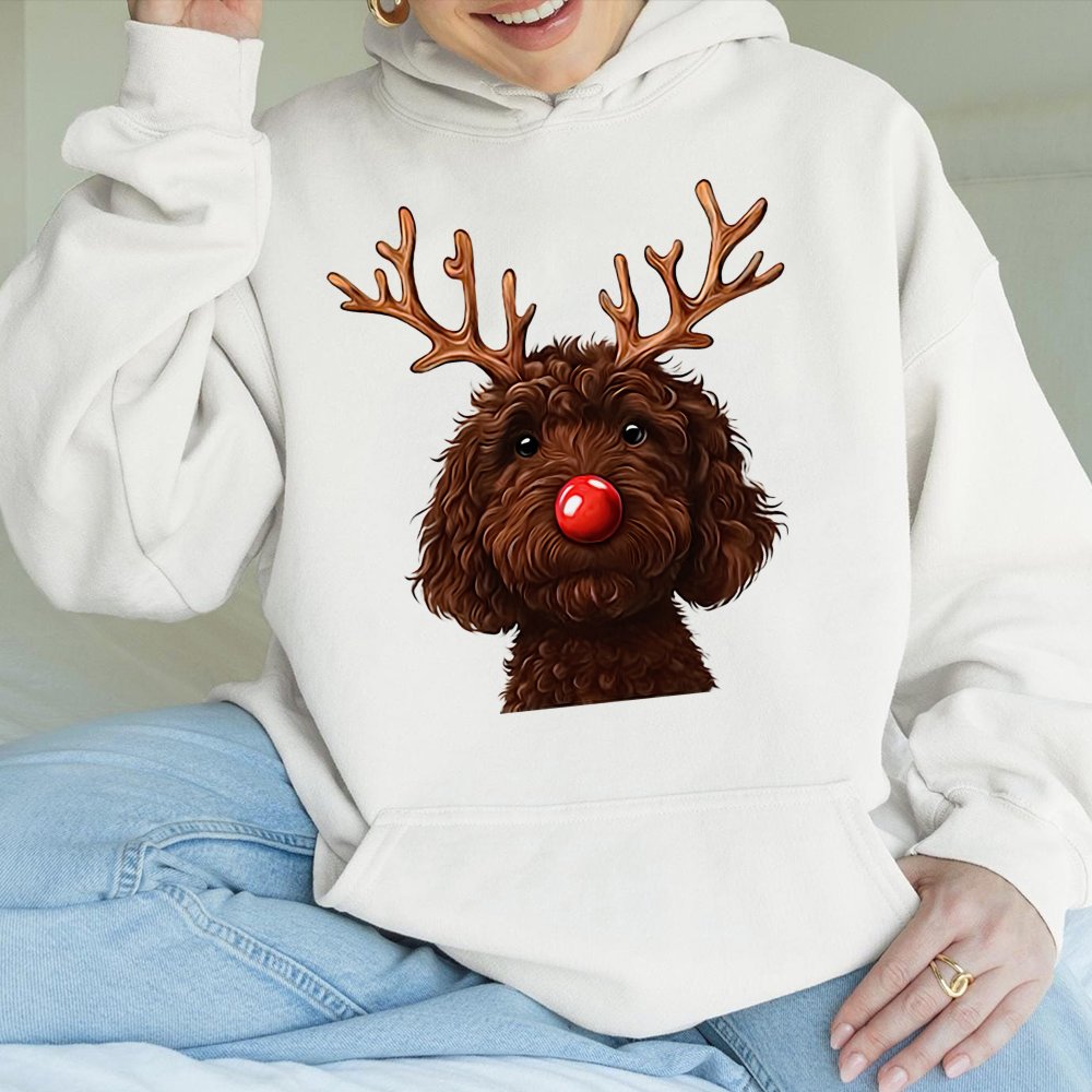 Humorous Christmas Dog Hoodie, Chocolate Doodle Reindeer Hoodie, Adorable Pet Lover Holiday Sweatshirt, Winter Doodle Pullove