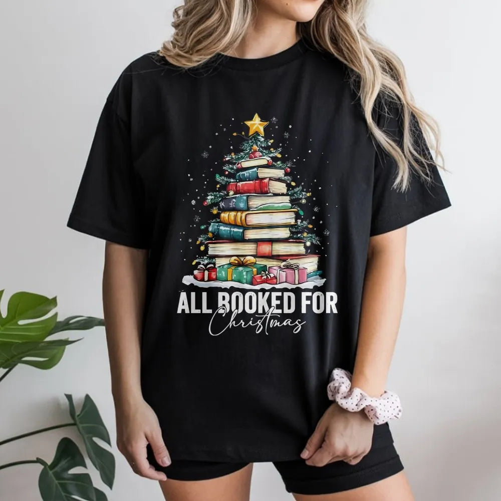 Book Stack Tree Graphic Tee, All Booked for Christmas Shirt, Holiday Bookish T-Shirt, Librarian Christmas Tee, Book Lover Hol