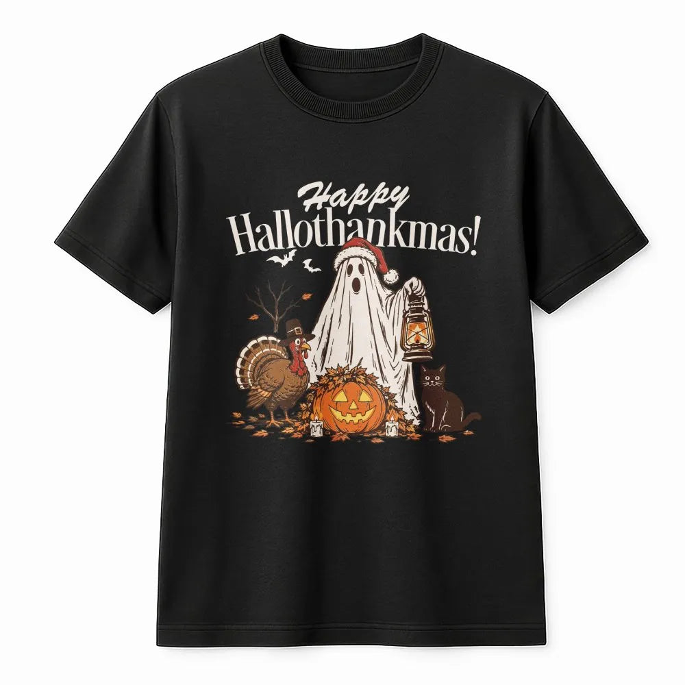 Ghost Santa Hat Thanksgiving Tee, Happy Hallothankmas Shirt, Hallothankmas Halloween Christmas Mashup T-Shirt, Turkey Pumpkin