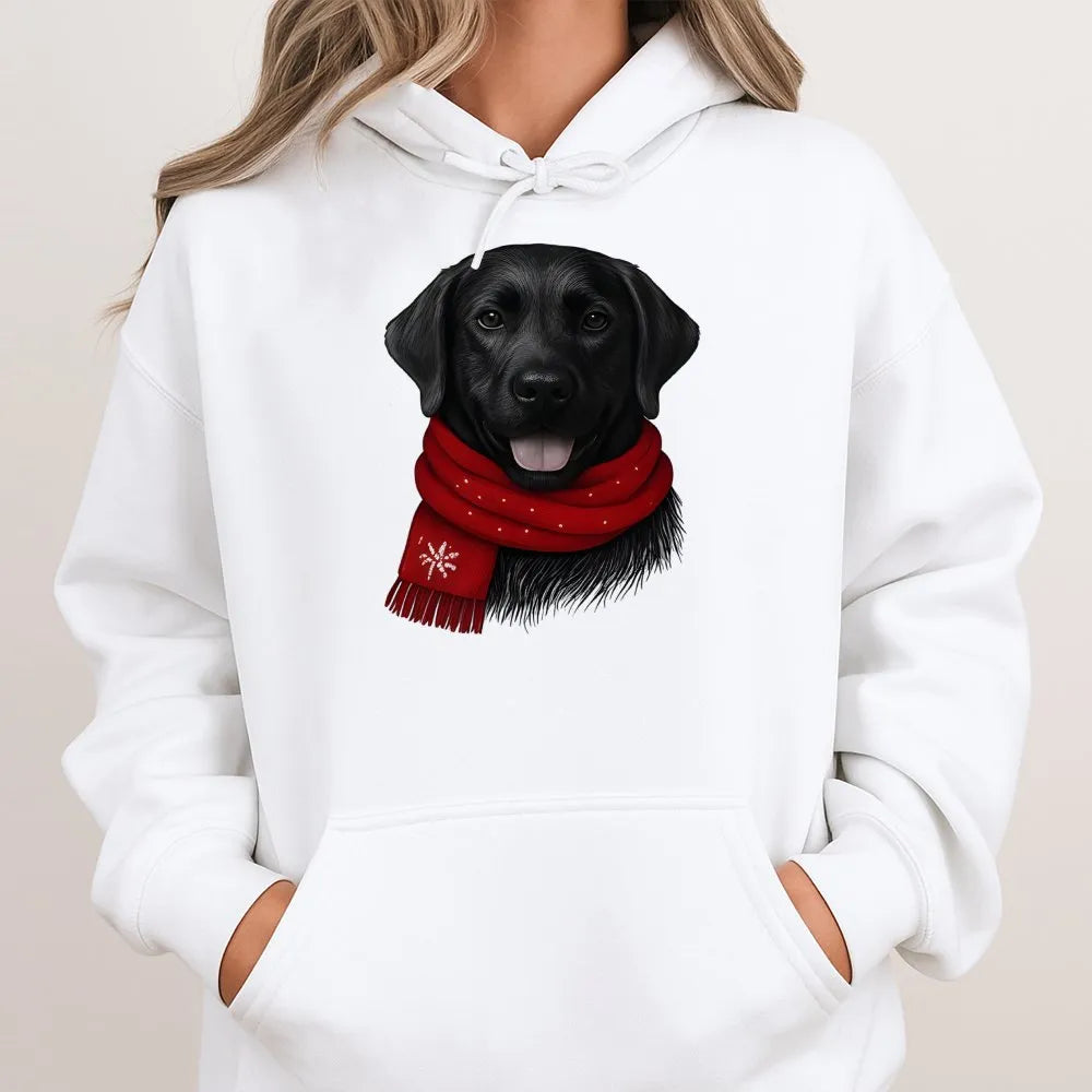 Adorable Dog Red Scarf Hoodie, Black Labrador Christmas Hoodie, Festive Pet Lover Sweatshirt, Black Lab Hooded Sweatshirt, Wi