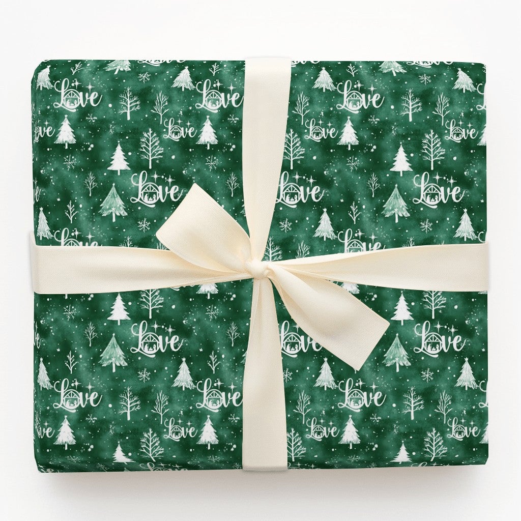 Holy Family Holiday Gift Wrap, Nativity Love Christmas Wrapping Paper, Emerald Green Christian Paper, Winter Snowflake Presen