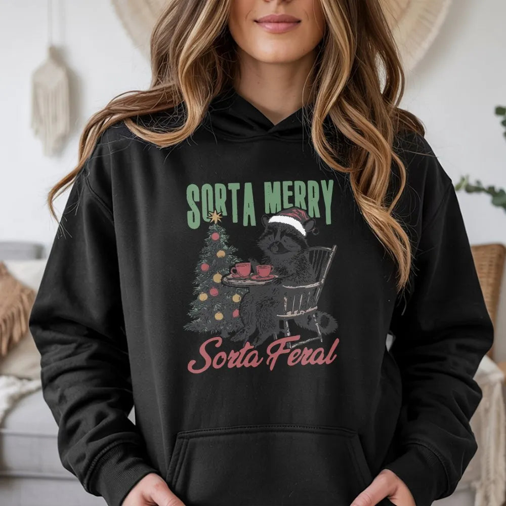 Humorous Christmas Raccoon Hooded Sweatshirt, Sorta Merry Sorta Feral Raccoon Hoodie, Adorable Xmas Animal Pullover, Wildlife
