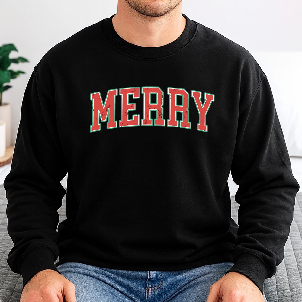 Retro Varsity Lettering Holiday Crewneck, Merry Christmas Sweatshirt, Vintage Christmas Vibes Pullover, Comfy Winter Xmas Swe