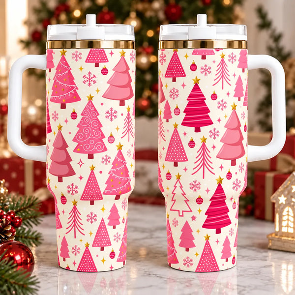 Pastel Holiday Tree Pattern Travel Cup, Pink Christmas Trees Tumbler, Pink Snowflake Xmas Tumbler, Gold Star Christmas Tumble