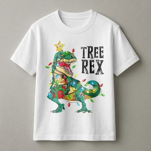 Humorous Dinosaur Holiday Graphic Tee, Tree Rex Christmas T-Shirt, Adorable Trex Xmas Tree Shirt, Retro Dino Winter Holiday T
