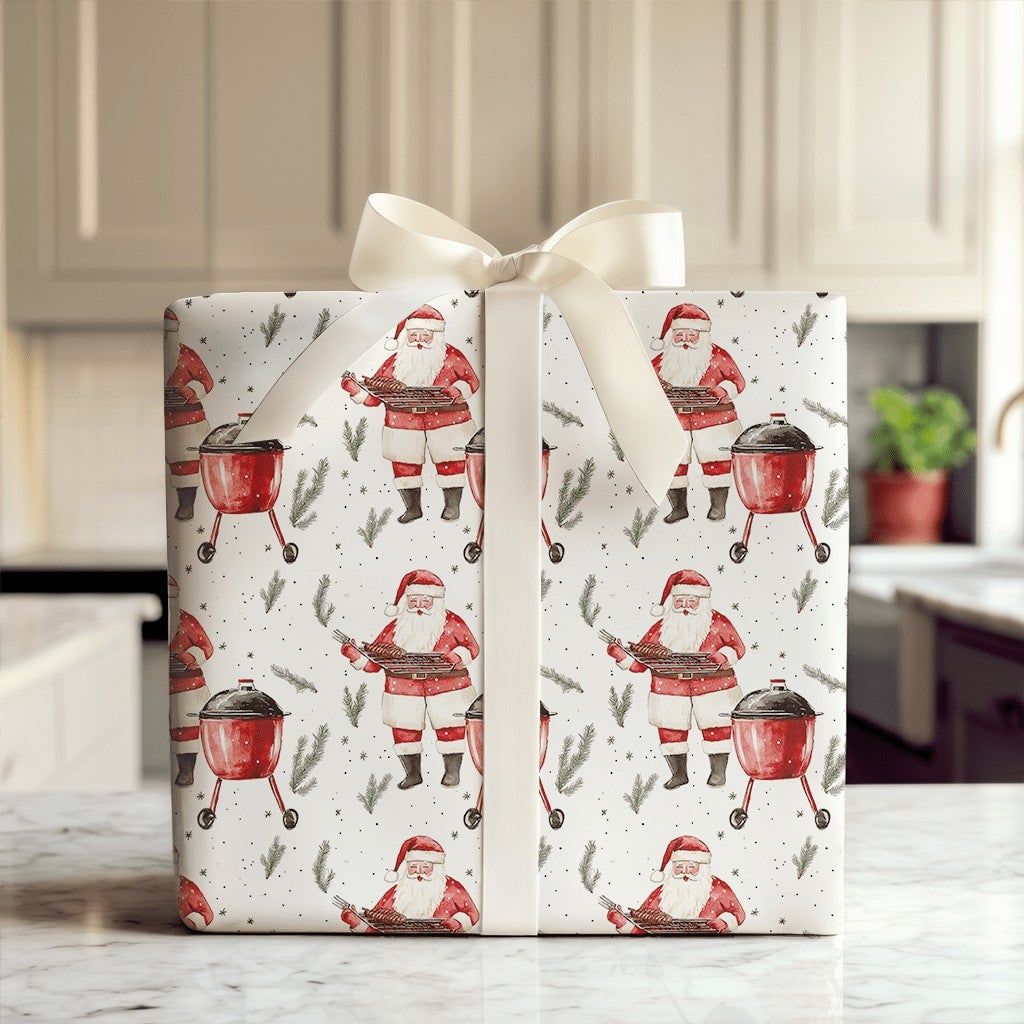 Humorous Grilling Santa Wrapping Paper, BBQ Santa Ribs Wrapping Paper, Red Kettle Grill Christmas Wrapping Paper, Holiday BBQ